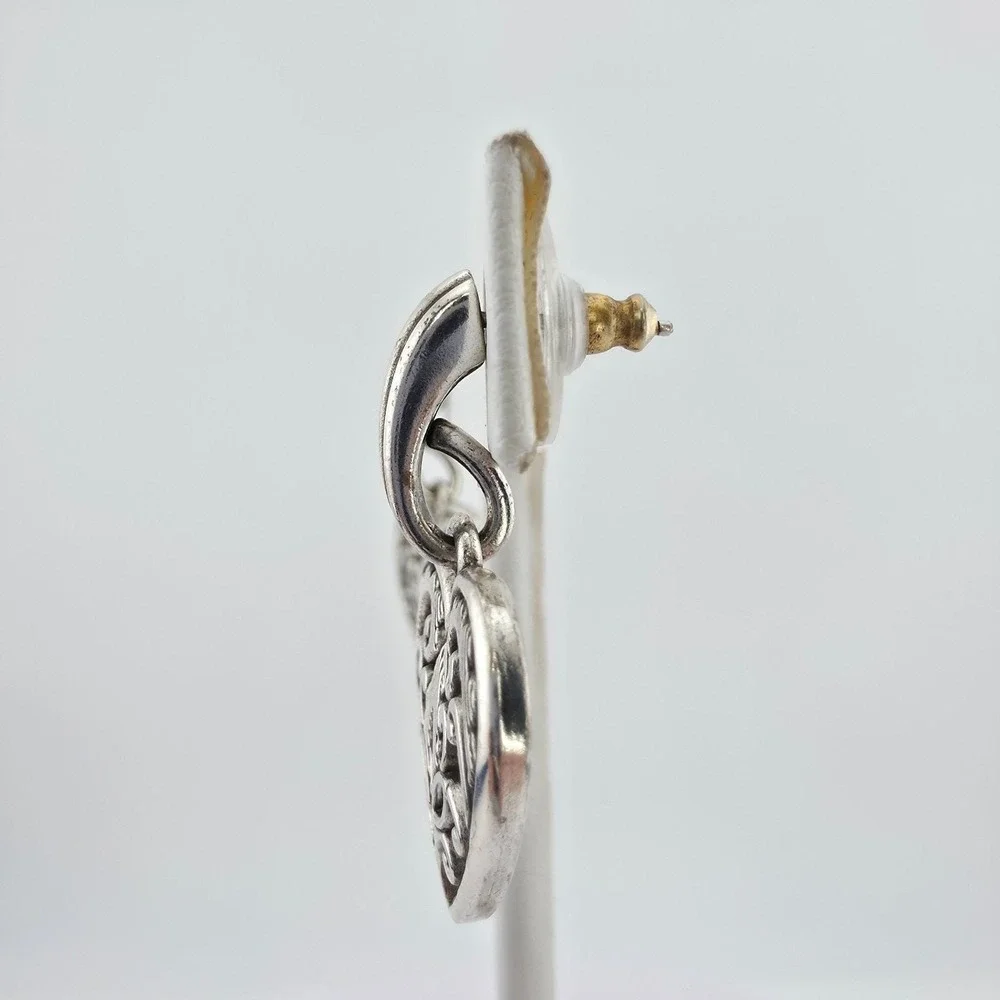 BRIGHTON 'Cordoba Heart' Earrings Open Scrollwork Floral Drop Silver Plate 1.5